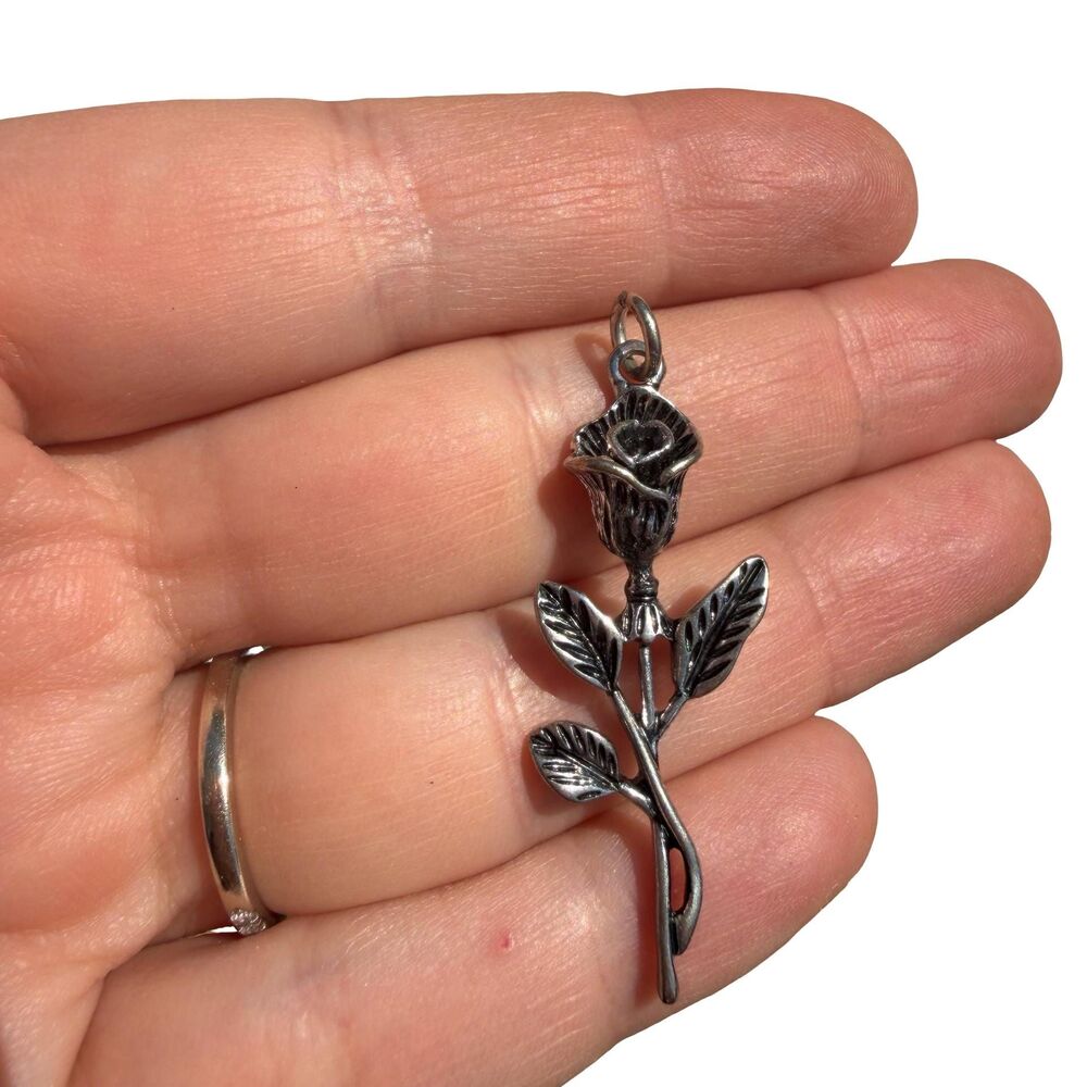 Vintage Jewelry Silver Tone Long Stemmed Rose Pendant